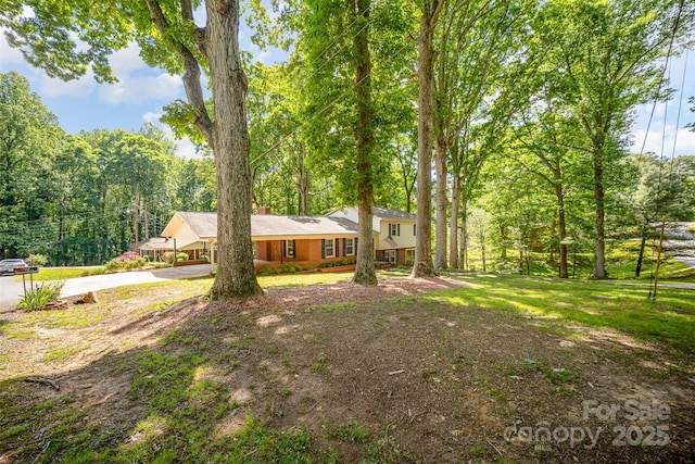 view of front of home with driveway and a chimney