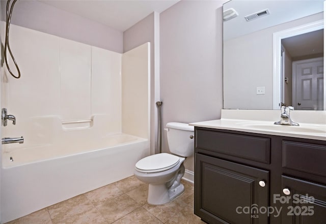 full bath featuring toilet, vanity, tub / shower combination, and tile patterned floors