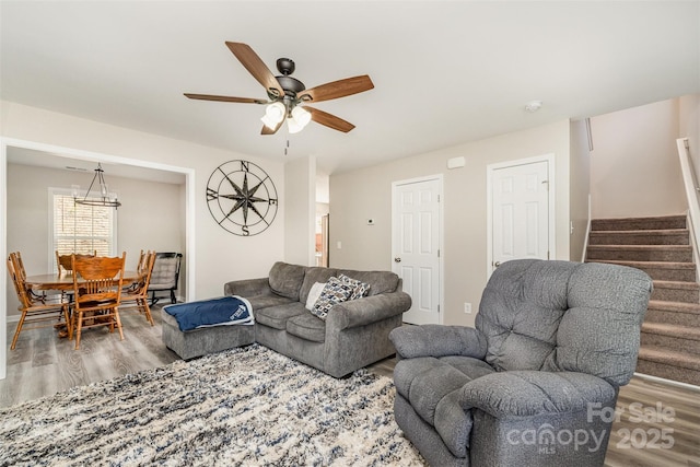 658 Morgan Rd, Albemarle, NC 28001 - living room with ceiling fan, stairs, and wood finished floors