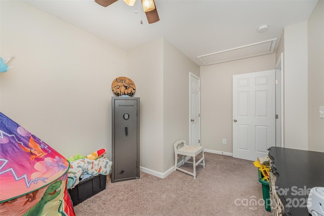 658 Morgan Rd, Albemarle, NC 28001 - rec room featuring carpet floors, ceiling fan, baseboards, and attic access