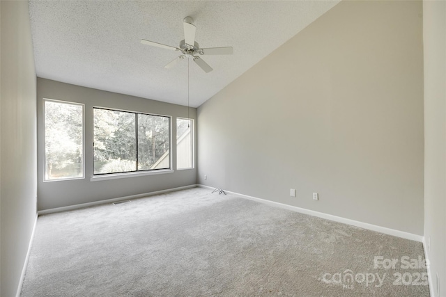 173 Greenridge Rd, Lake Wylie, SC 29710 - spare room featuring carpet flooring, lofted ceiling, a ceiling fan, baseboards, and a textured ceiling