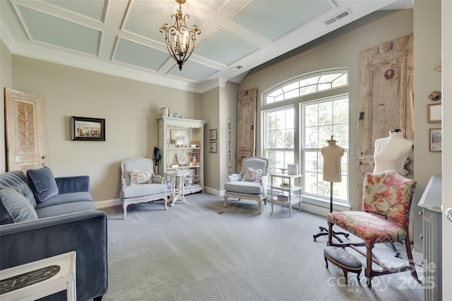 sitting room featuring carpet flooring, an inviting chandelier, baseboards, visible vents, and coffered ceiling