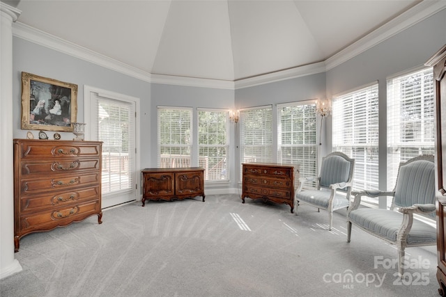 sitting room featuring crown molding, high vaulted ceiling, and carpet
