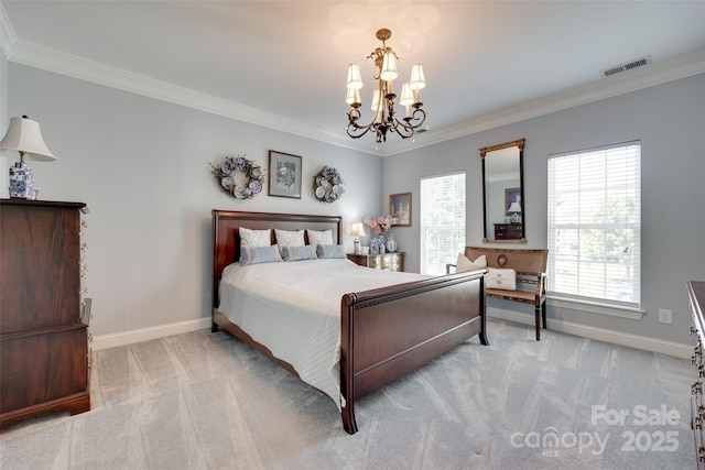 carpeted bedroom featuring crown molding, baseboards, a notable chandelier, and visible vents