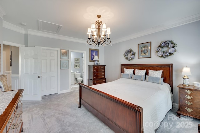 bedroom with connected bathroom, light colored carpet, crown molding, baseboards, and a notable chandelier