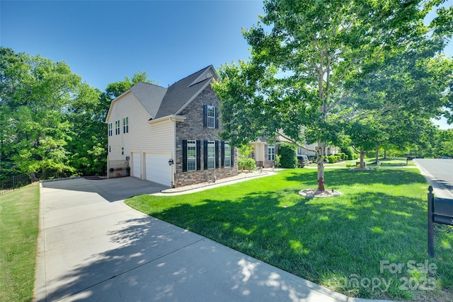 view of home's exterior featuring an attached garage, a lawn, stone siding, and concrete driveway
