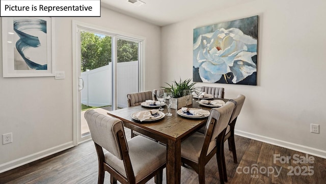 dining area featuring dark wood-style flooring, visible vents, and baseboards