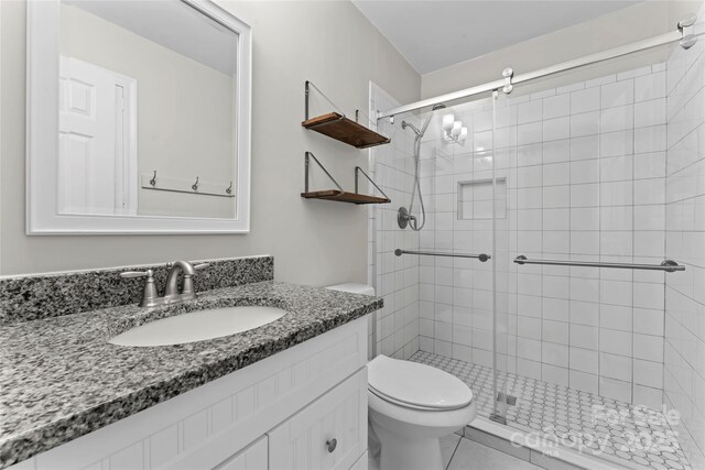 bathroom featuring vanity, a stall shower, and toilet