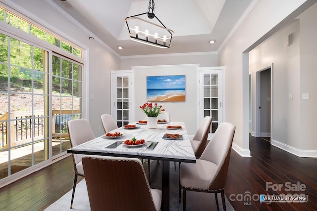 62 Mackenzie Way, Swannanoa, NC 28778 - dining space with an inviting chandelier, ornamental molding, baseboards, and dark wood-style floors