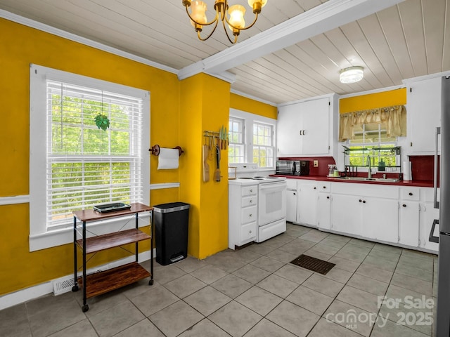 kitchen with black microwave, a sink, wooden ceiling, electric stove, and an inviting chandelier