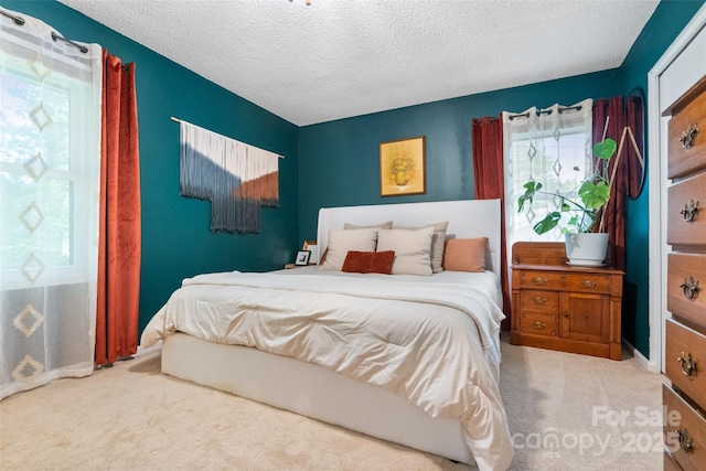 carpeted bedroom with baseboards and a textured ceiling