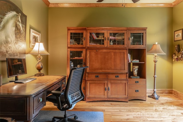 135 Sumter Dr, Mooresville, NC 28117 - office featuring crown molding, baseboards, a ceiling fan, and light wood-type flooring