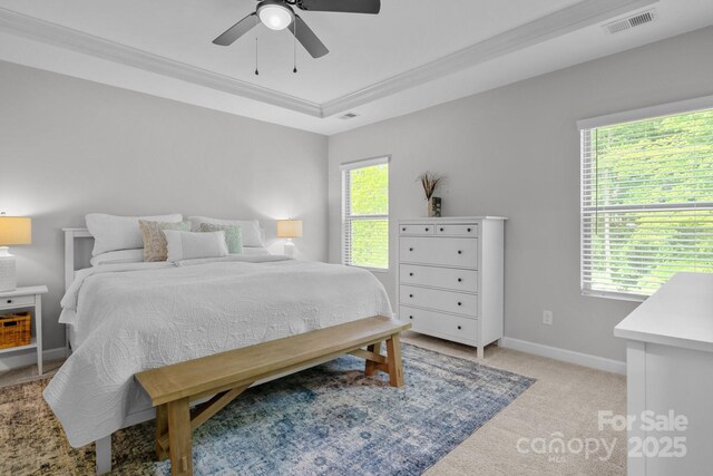 7620 Porrera St, Charlotte, NC 28214 - bedroom featuring baseboards, visible vents, light carpet, and ornamental molding