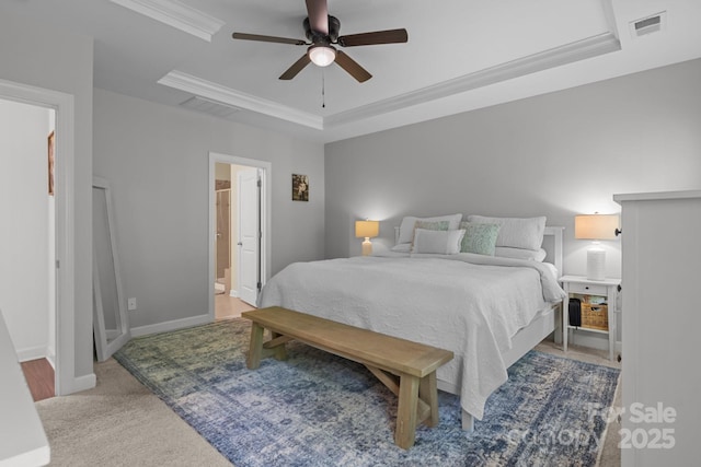 7620 Porrera St, Charlotte, NC 28214 - bedroom featuring carpet floors, ornamental molding, a tray ceiling, and visible vents