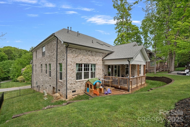 7730 Burning Ridge Dr, Stanley, NC 28164 - rear view of house featuring a wooden deck, brick siding, and roof with shingles