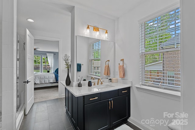 7730 Burning Ridge Dr, Stanley, NC 28164 - bathroom featuring vanity, a stall shower, ensuite bath, baseboards, and tile patterned floors