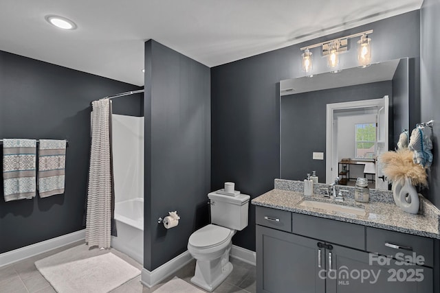 7730 Burning Ridge Dr, Stanley, NC 28164 - bathroom with vanity, toilet, shower / bathtub combination with curtain, tile patterned flooring, and baseboards