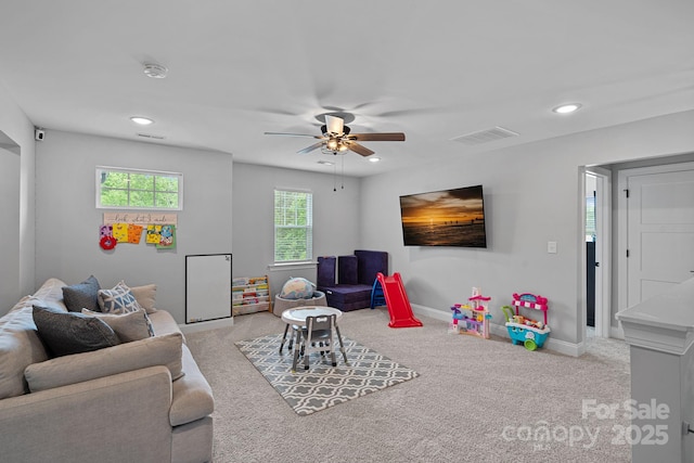 7730 Burning Ridge Dr, Stanley, NC 28164 - carpeted living room featuring ceiling fan, recessed lighting, and baseboards