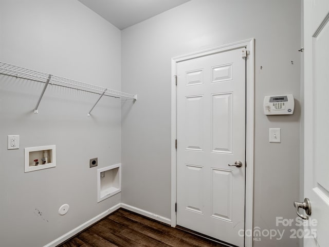 laundry area featuring laundry area, baseboards, dark wood-type flooring, washer hookup, and hookup for an electric dryer