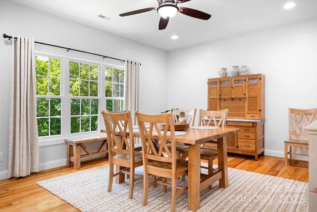 dining area with recessed lighting, a ceiling fan, light wood-type flooring, and visible vents