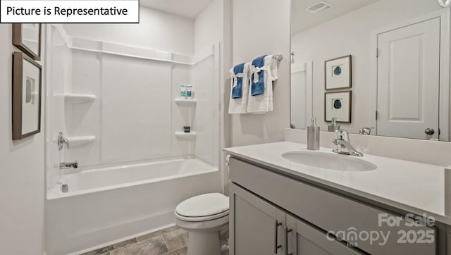 bathroom with visible vents, toilet, bathtub / shower combination, and vanity