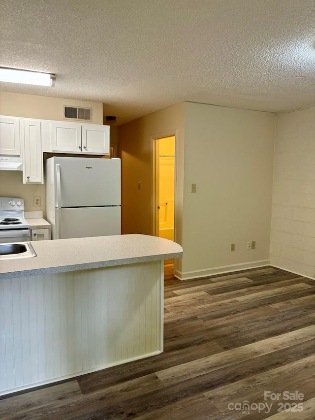 116 Fairview St, Shelby, NC 28152 - kitchen with white appliances, ventilation hood, dark wood-style flooring, white cabinetry, and a textured ceiling