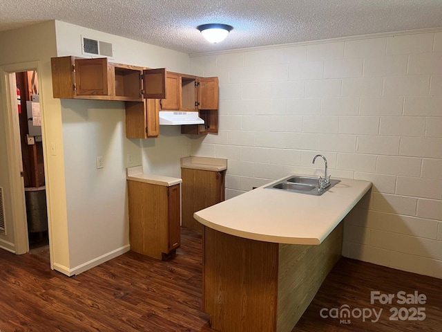 116 Fairview St, Shelby, NC 28152 - kitchen featuring under cabinet range hood, dark wood-style flooring, brown cabinets, a textured ceiling, and a sink