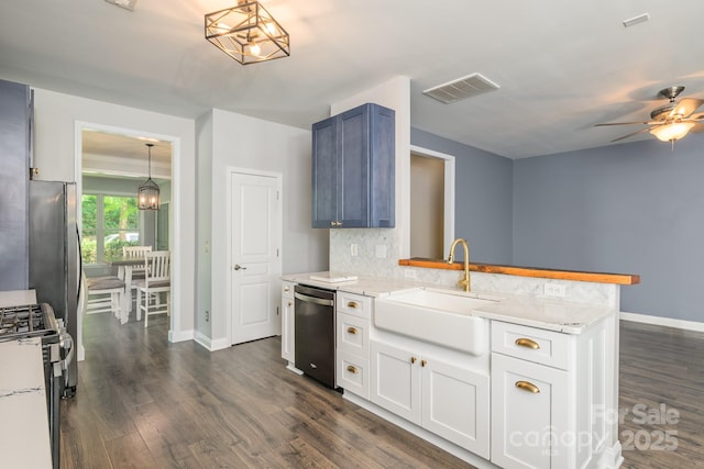 kitchen featuring appliances with stainless steel finishes, a sink, baseboards, and dark wood finished floors