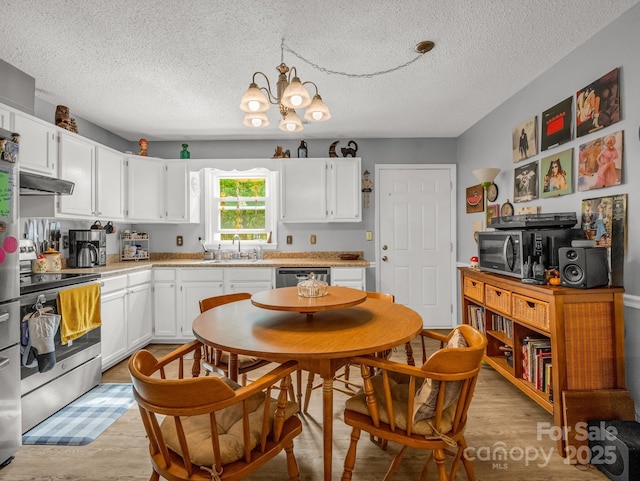 kitchen featuring a sink, a textured ceiling, under cabinet range hood, and stainless steel appliances