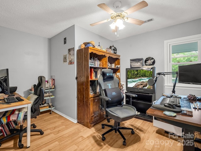 home office featuring visible vents, a textured ceiling, and wood finished floors