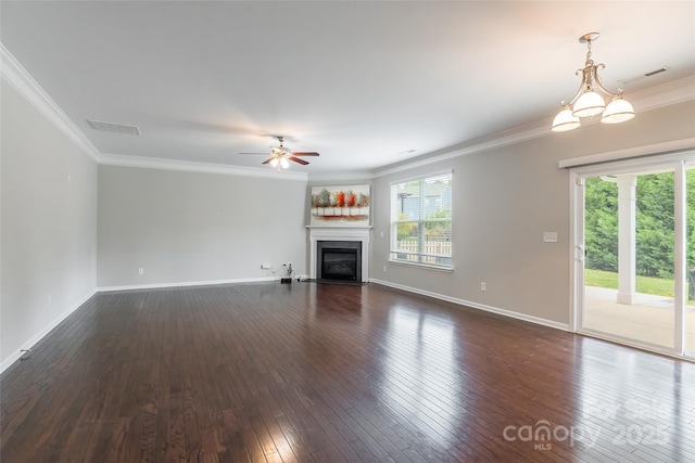 unfurnished living room featuring visible vents, a ceiling fan, a glass covered fireplace, and dark wood-style floors