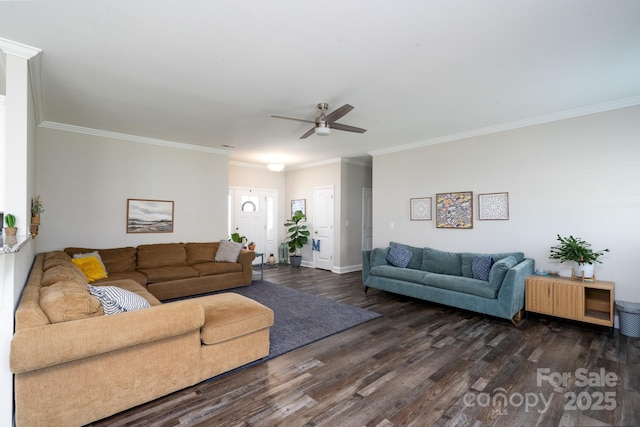 2205 Philadelphia Church Rd, Dallas, NC 28034 - living area featuring baseboards, ornamental molding, a ceiling fan, and dark wood-style floors