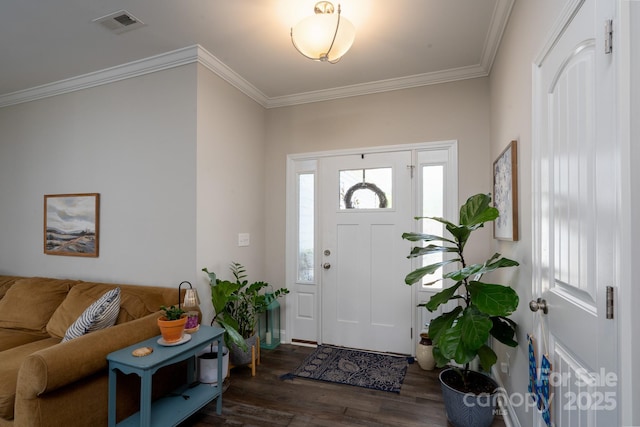 2205 Philadelphia Church Rd, Dallas, NC 28034 - entrance foyer featuring crown molding, dark wood-style flooring, and visible vents