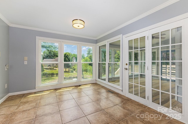 109 Arabian Ln, Salisbury, NC 28147 - unfurnished sunroom featuring french doors, ornamental molding, baseboards, and tile patterned flooring