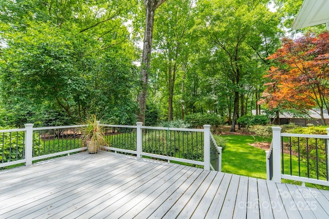 wooden deck featuring a yard
