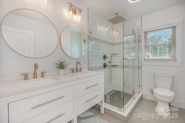 6301 Vernedale Rd, Charlotte, NC 28212 - full bath with tile patterned flooring, a shower stall, toilet, double vanity, and baseboards