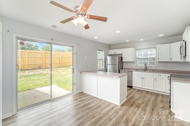 kitchen with visible vents, light wood-type flooring, white cabinets, a sink, and appliances with stainless steel finishes