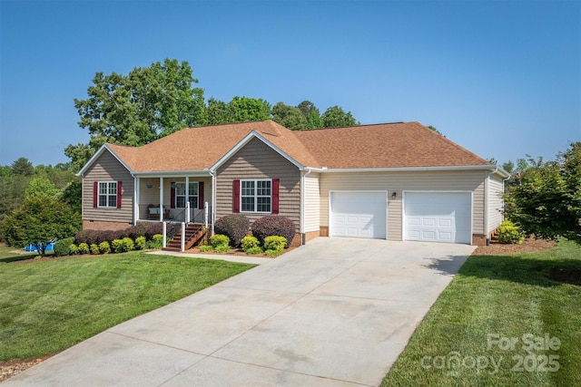6084 Little River Ct, Granite Falls, NC 28630 - single story home featuring a porch, an attached garage, concrete driveway, a front lawn, and a shingled roof