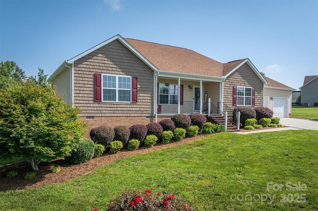 6084 Little River Ct, Granite Falls, NC 28630 - view of front facade featuring covered porch, a garage, a front lawn, driveway, and crawl space