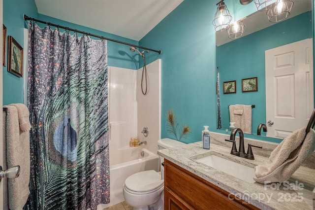 6084 Little River Ct, Granite Falls, NC 28630 - bathroom featuring toilet, vanity, and shower / bath combination with curtain