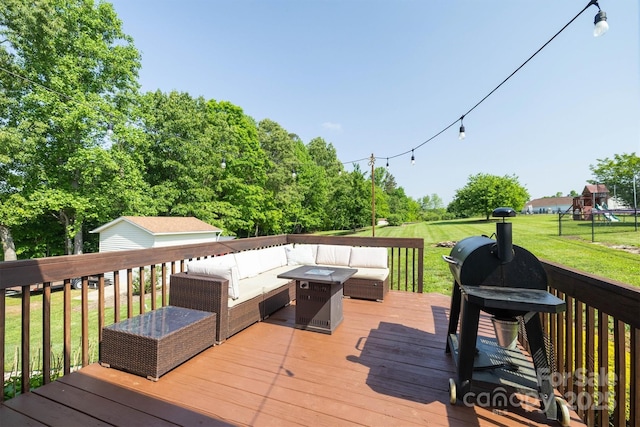 6084 Little River Ct, Granite Falls, NC 28630 - deck featuring an outdoor living space with a fire pit, a yard, and a playground