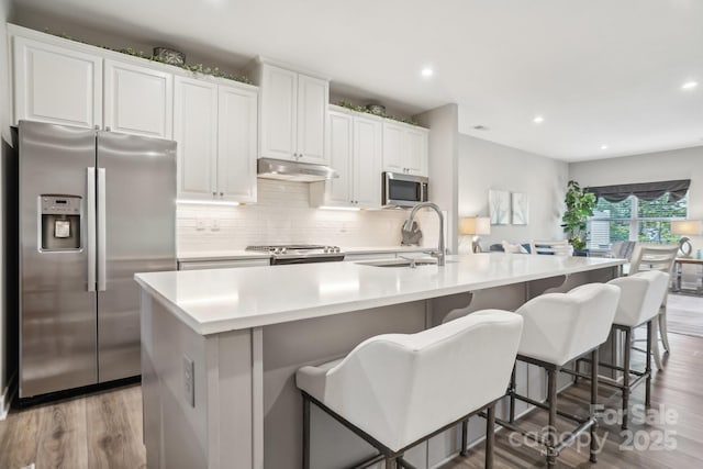 kitchen with appliances with stainless steel finishes, tasteful backsplash, wood finished floors, a sink, and under cabinet range hood