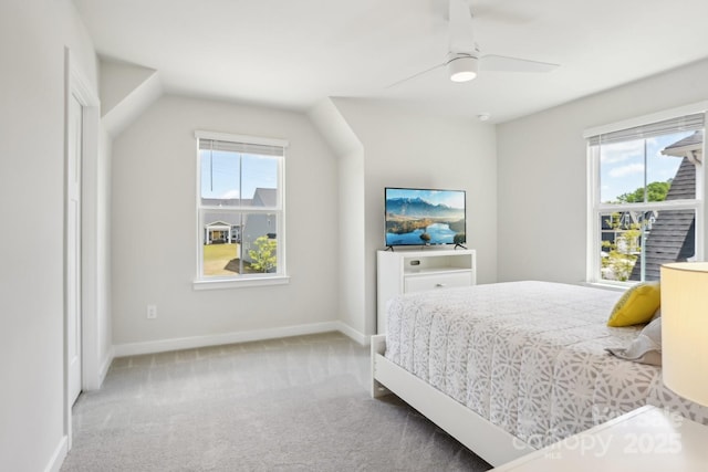 bedroom featuring carpet flooring, a ceiling fan, and baseboards