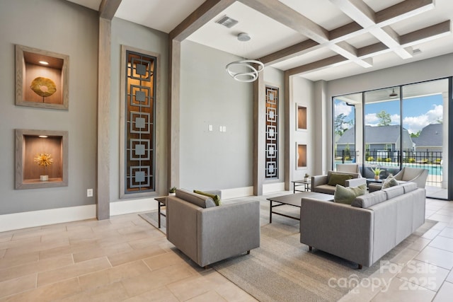 living room featuring baseboards, light tile patterned floors, beamed ceiling, visible vents, and coffered ceiling