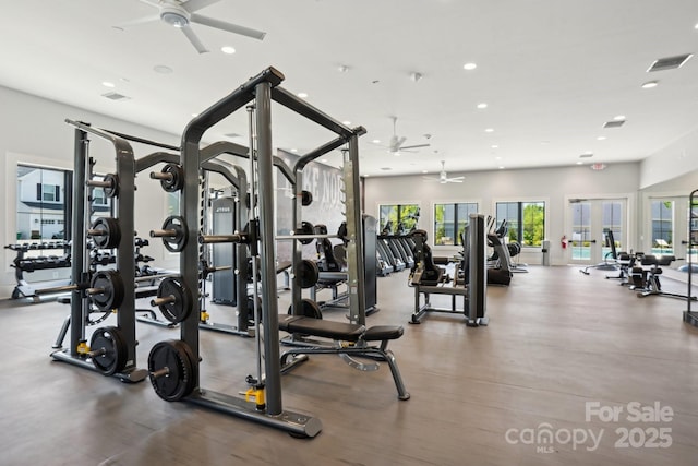 workout area with ceiling fan, recessed lighting, and visible vents