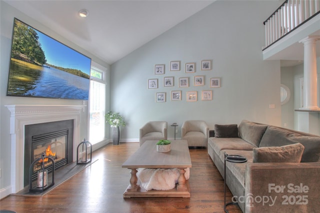 3009 Thayer Dr, Waxhaw, NC 28173 - living room featuring high vaulted ceiling, wood finished floors, a glass covered fireplace, baseboards, and recessed lighting