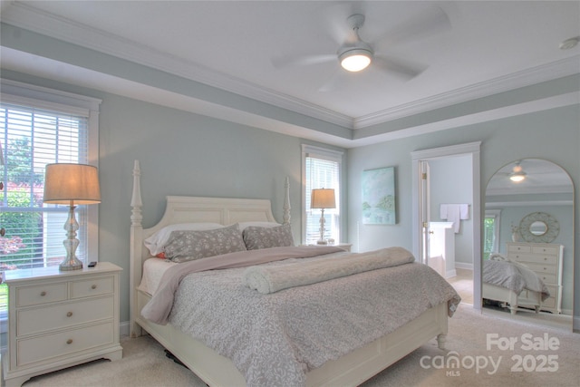 3009 Thayer Dr, Waxhaw, NC 28173 - bedroom with crown molding, light carpet, multiple windows, and ceiling fan
