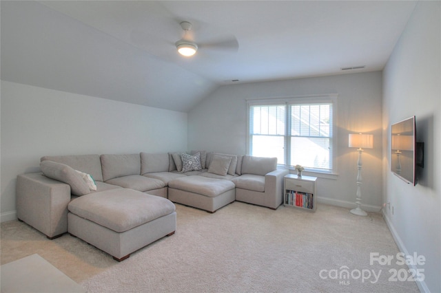 3009 Thayer Dr, Waxhaw, NC 28173 - living area featuring light colored carpet, baseboards, ceiling fan, and vaulted ceiling