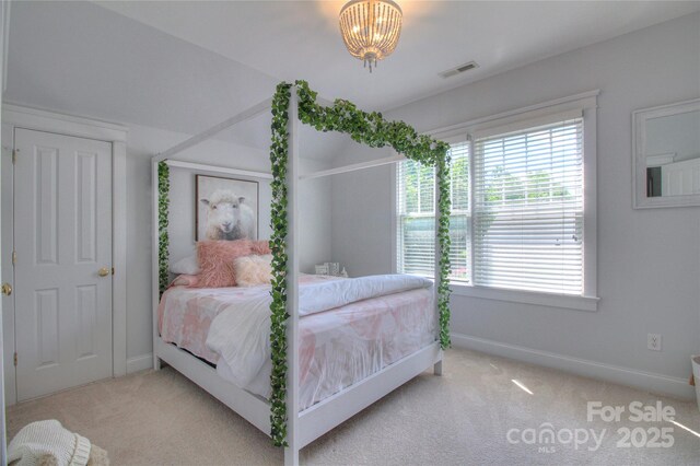 3009 Thayer Dr, Waxhaw, NC 28173 - carpeted bedroom featuring multiple windows, baseboards, and a chandelier