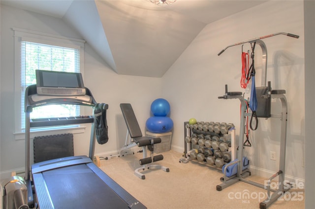 3009 Thayer Dr, Waxhaw, NC 28173 - exercise room featuring lofted ceiling, baseboards, and carpet floors
